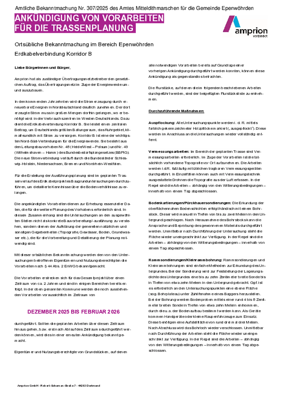 Nr. 307 Ankündigung von Vorarbeiten für die Trassenplanung