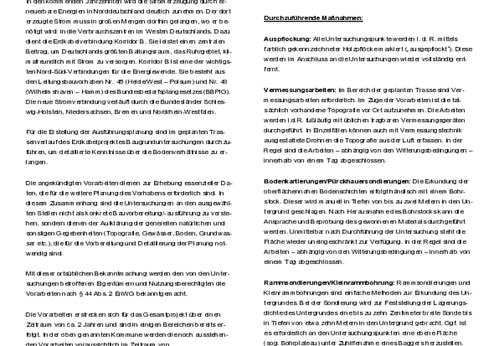 Nr. 10 Ankündigung von Vorarbeiten für die Trassenplanung Erdkabelverbindung Korridor B