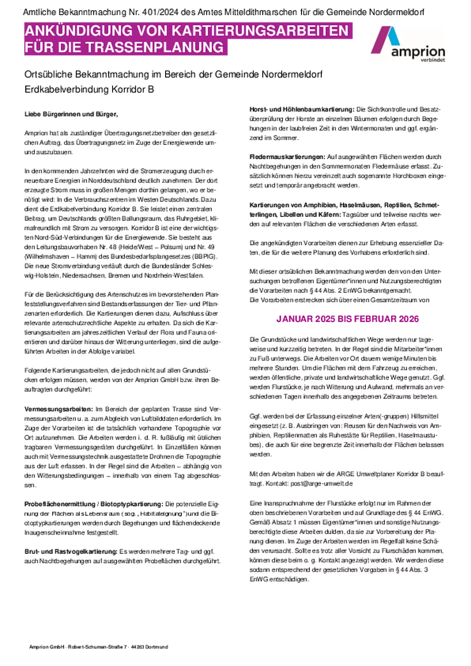 Nr. 401 Ortsübliche Bekanntmachung im Bereich der Gemeinde Nordermeldorf Erdkabelverbindung Korridor B
