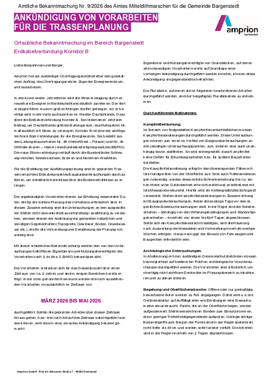 Nr. 9 Ankündigung von Vorarbeiten für die Trassenplanung Erdkabelverbindung Korridor B